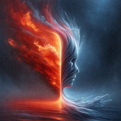 The primary subject of the image is a woman's face, which is the main focus of the image. The setting is a dark, moody environment, with a red and blue background. The visual style is a digital art or illustration, creating a surreal and dramatic atmosphere. The colors and mood of the image are dominated by the red and blue hues, which evoke a sense of intensity and emotion.